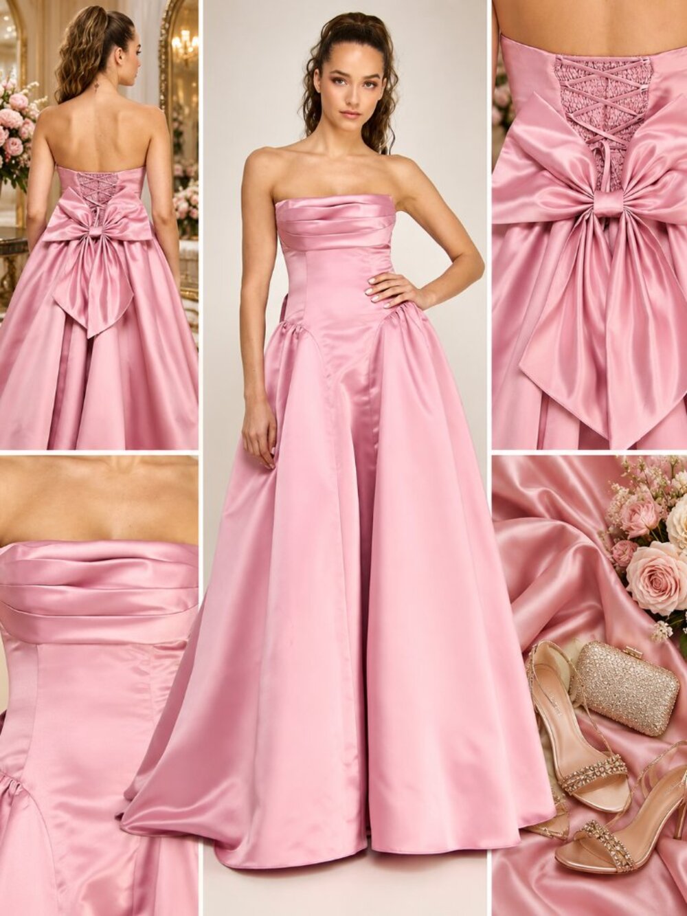 B Darlin Strapless Satin Bow Ball Gown Rose Blush Pink 5/6 NWT